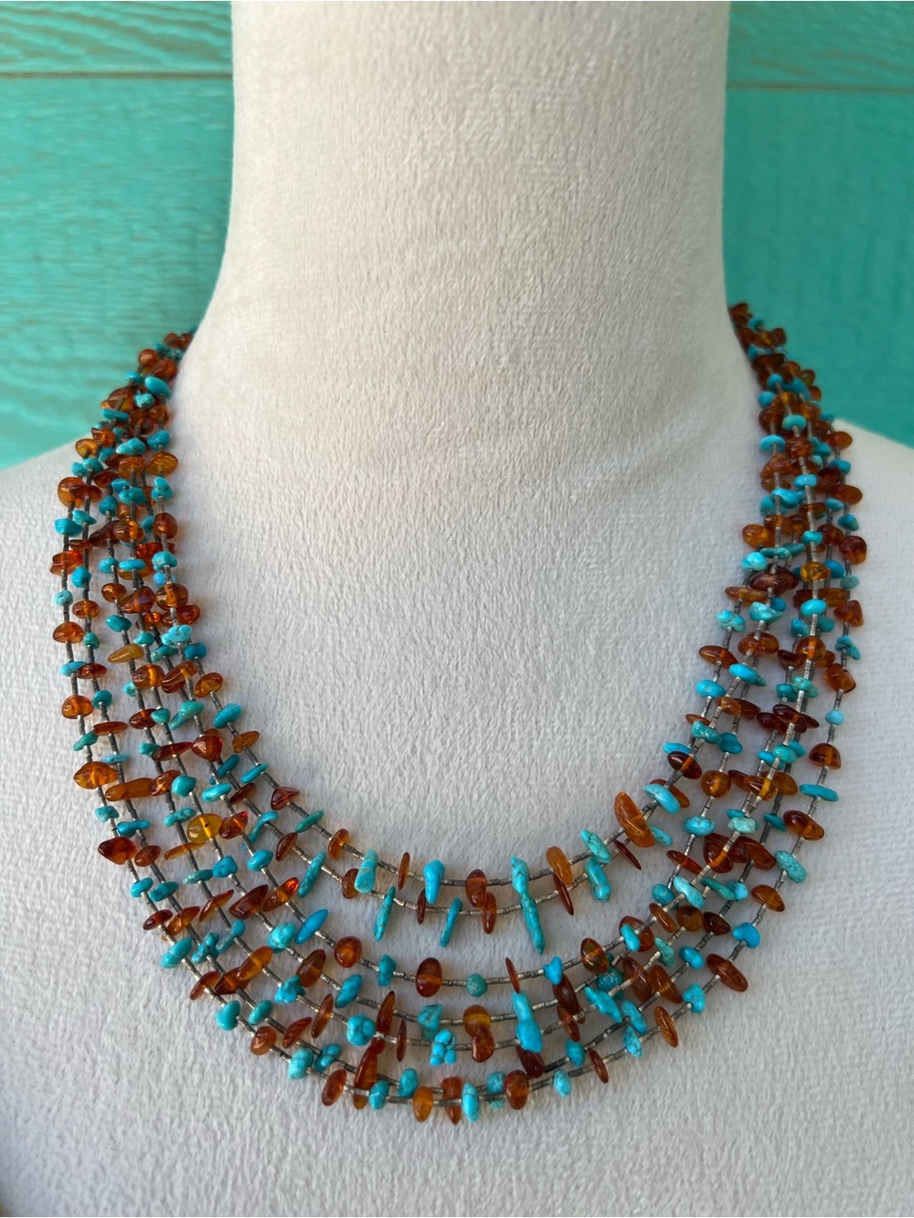 Jay King Desert Rose 7-Strand Turquoise & Amber Sterling Silver Necklace